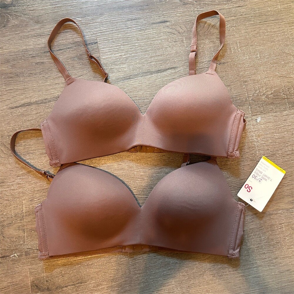 So T-Shirt Bra Set Womens 34A Brown Nude Wireless Lightly Lined 2-Pack